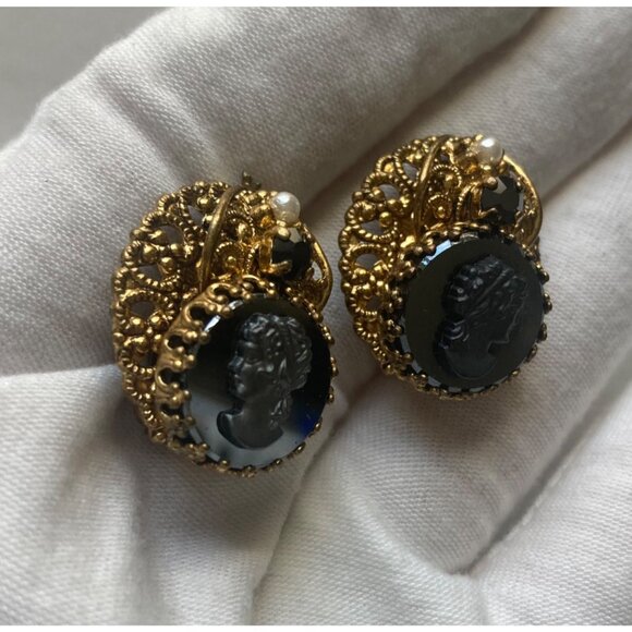 Vintage West Germany Black Cameo Brooch Earrings Set Gold Tone Regency Victorian - Picture 7 of 11
